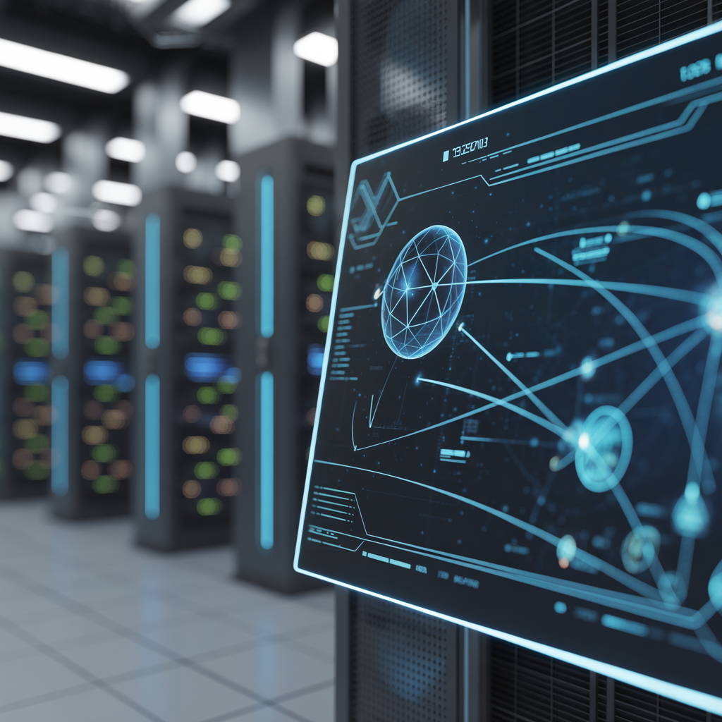 A close-up of a holographic interface displaying complex geometric patterns and planetary trade routes. In the background, a server room with pulsating servers and cooling systems. Professional, tech-focused, dark aesthetic with bright neon accents. No people. No women.